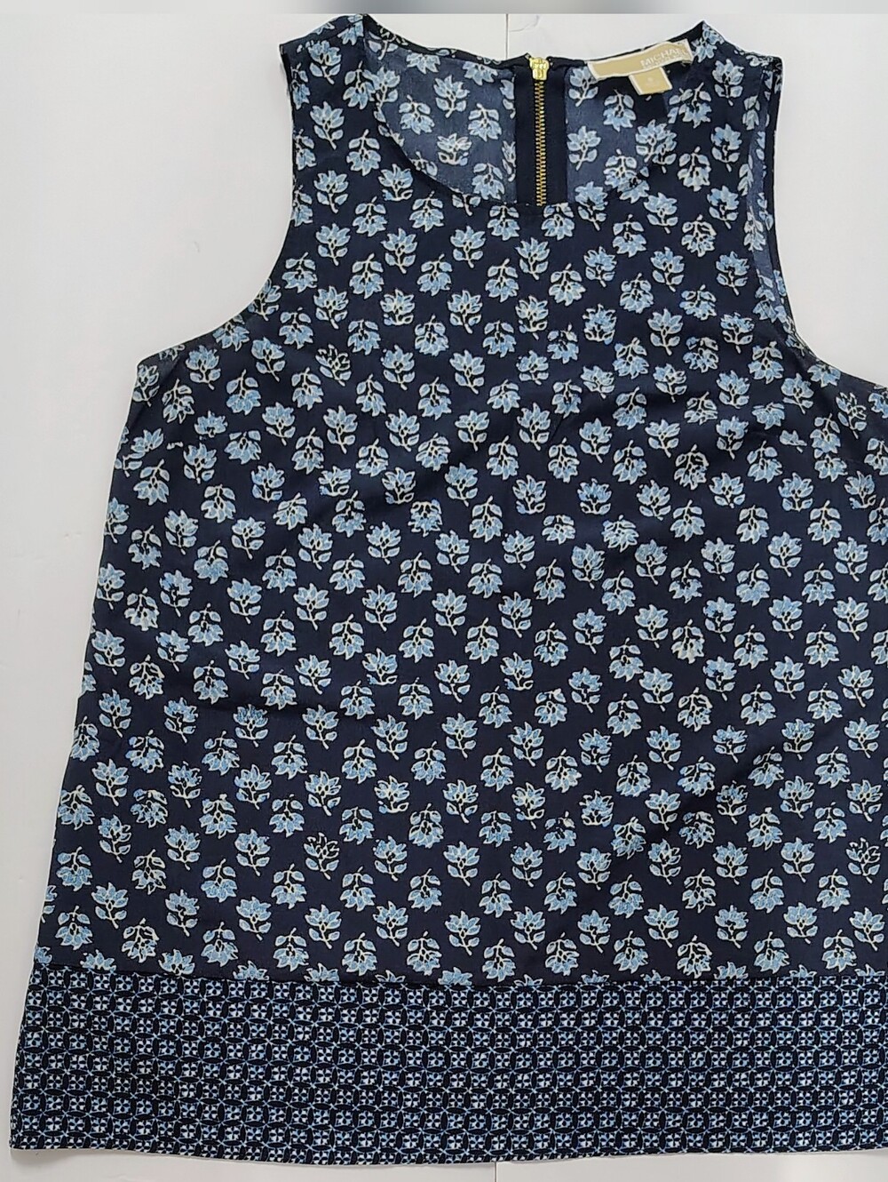 Michael Kors Navy Country French Floral Print Shell Top w Contrast Border Hem S